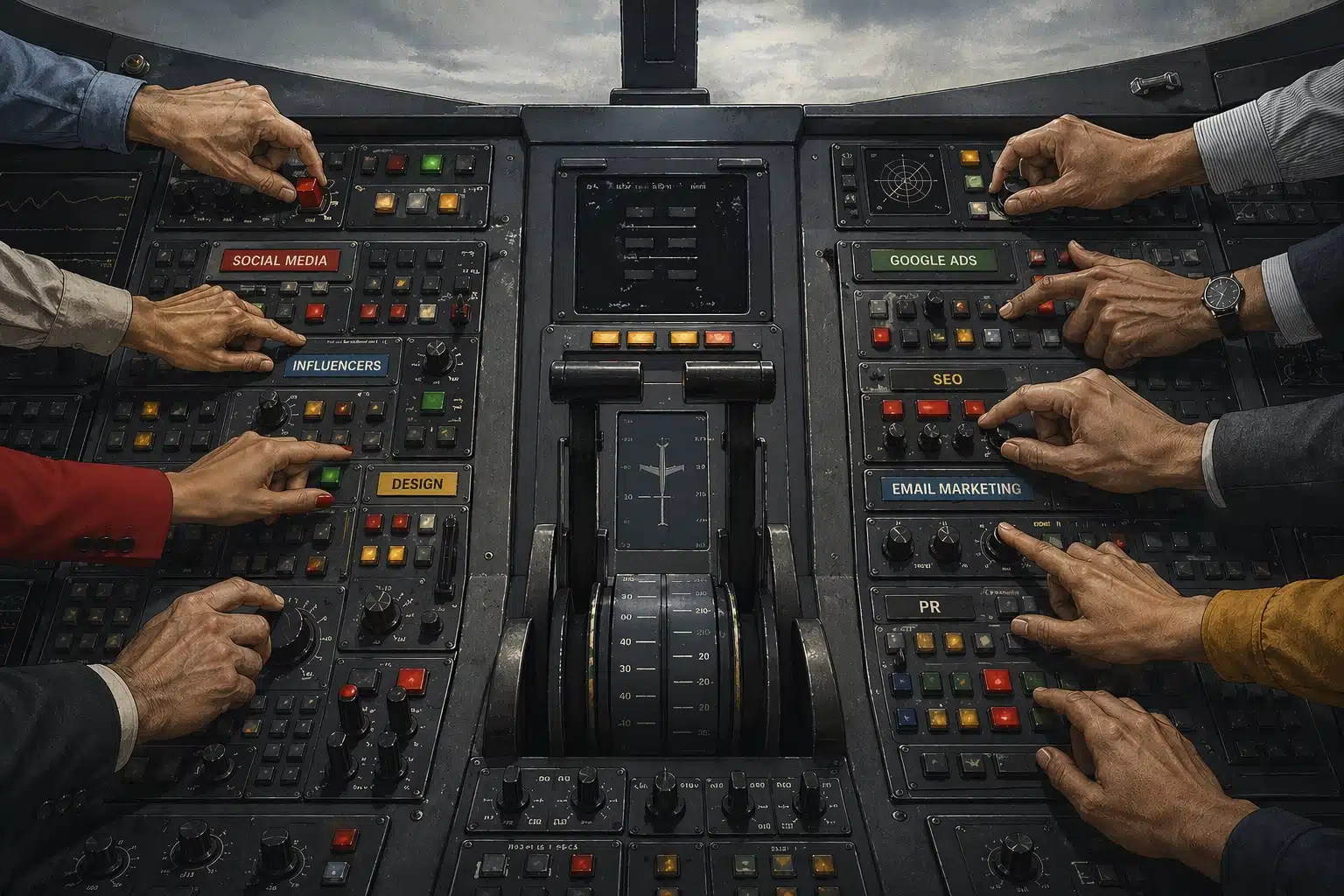 Imagem de um painel de avião com várias mãos apertando botões mas sem ninguém pilotando