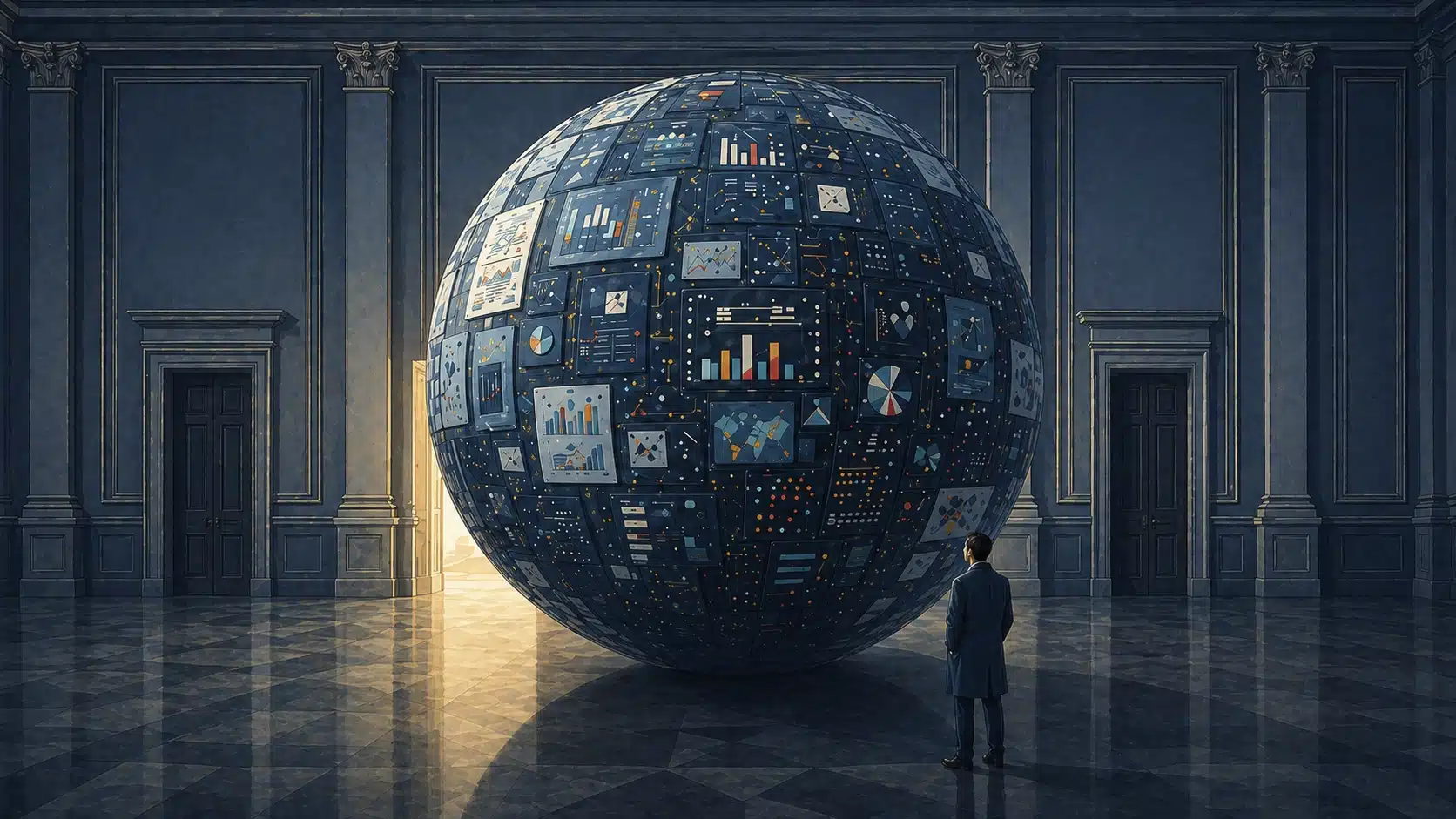 Homem olhando um globo com vários gráficos e dados como um obstáculo